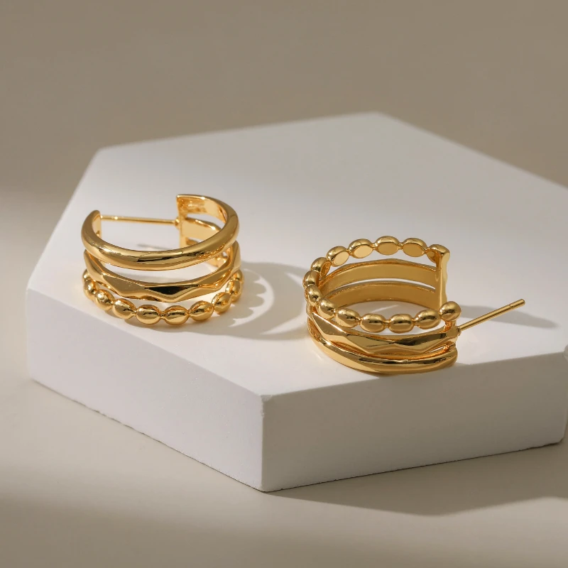 Hot Selling Women Jewelry Type C Shape Beads Ear Stud Open Hoops 18K Gold Delicate Earrings Suitable for Everyday Wear