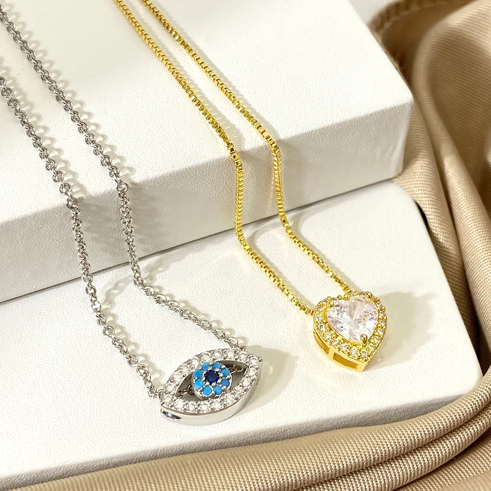 FOXI solid 925 pure silver necklace 5A CZ Heart Design Dainty Turkish Handcrafted 925 sterling Silver heart Charm Necklace