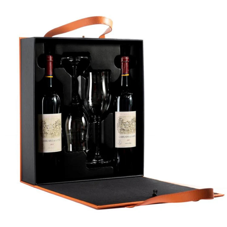 Pu Leather Wine Carry Case Double Glass Bottle Packaging Boxes Wine Gift Bags With 2 Clear Wine Glasses
