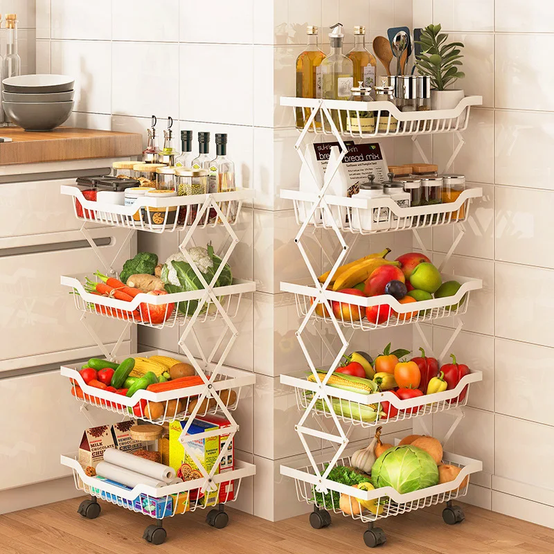 Kitchen 3/4/5 Tier Folding collapsible Metal Fruit Basket Stand No Need to Install Wire Storage Basket utility cart with Wheels
