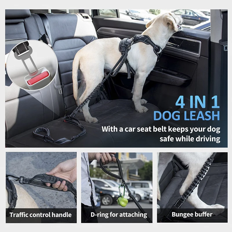 
6FT Strong Nylon Dog Leash with Highly Reflective Threads and Bungee Buffer Leash and padded handle,dog car seat belt 