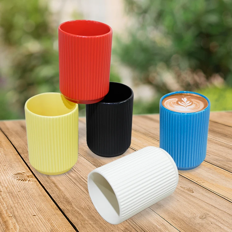300ml Red Japanese Style Ribbed Ceramic Cup for Back to School with Beautiful Japandi Design Set Of 4