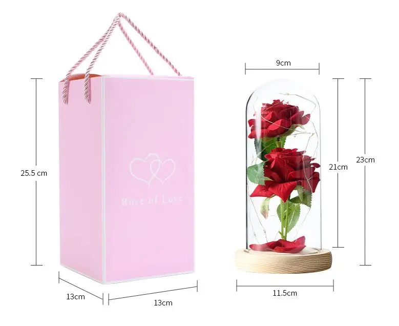 Wholesale Valentine Day Gifts Preserved Rose Forever Flowers LED Glass Cover Night Light
