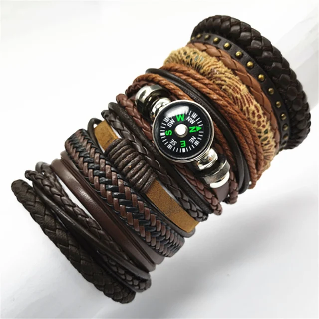Men Brown Bracelets 10pcs/set Wrap Woven Fashion Handmade Men Bracelets Women Leather Bracelet Men Bangle Wholesale Jewelry Gift