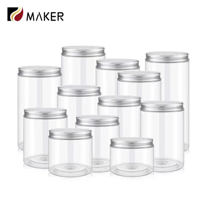 Aluminum cap plastic bottle wholesale PET 4oz 6oz 8oz 14oz 250ml transparent cosmetic packaging cans dry food storage clear jar