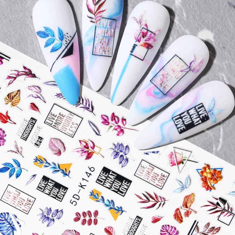 5D Simple Flowers Nail Embossed Stickers Wedding Design Adhesive Sliders Summer Textured Engraved Decoration