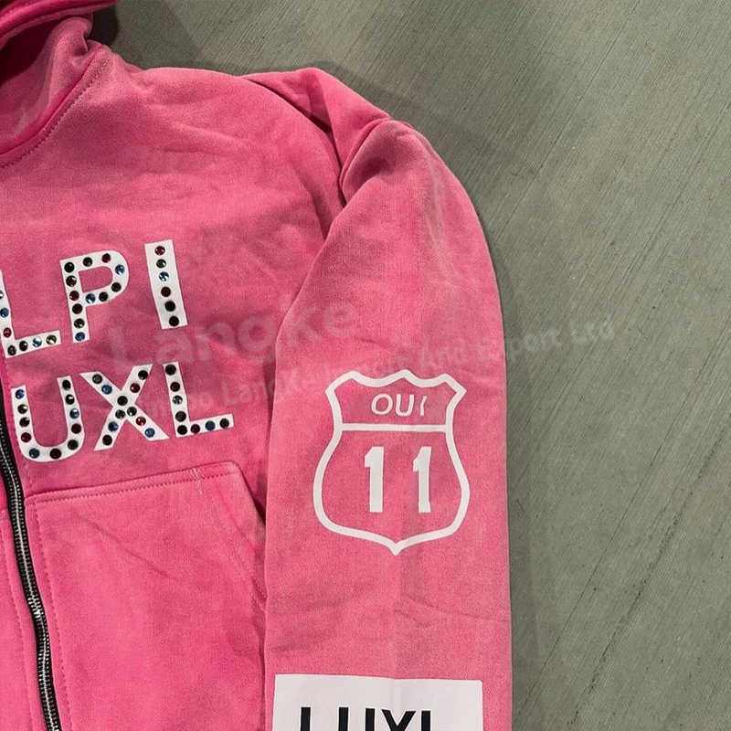 OEM 500 Gsm Sun Faded Acid Wash Heavyweight Boxy Pink Rhinestone Empossing Patch Oversized Screen Printing Zipper Zip Up Hoodie
