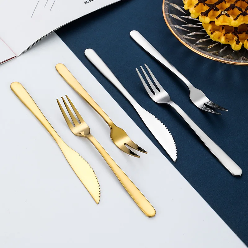 3 PCS Stainless Steel Gold Plating Fruit Dessert Tableware Set 2 Prong 3-Prong Fork and Knife