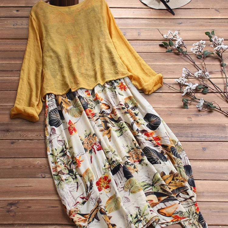 Hot Sale Floral Print Dress Green Linen Blend Top & White Floral Linen Blend Midi Long Floral Dress