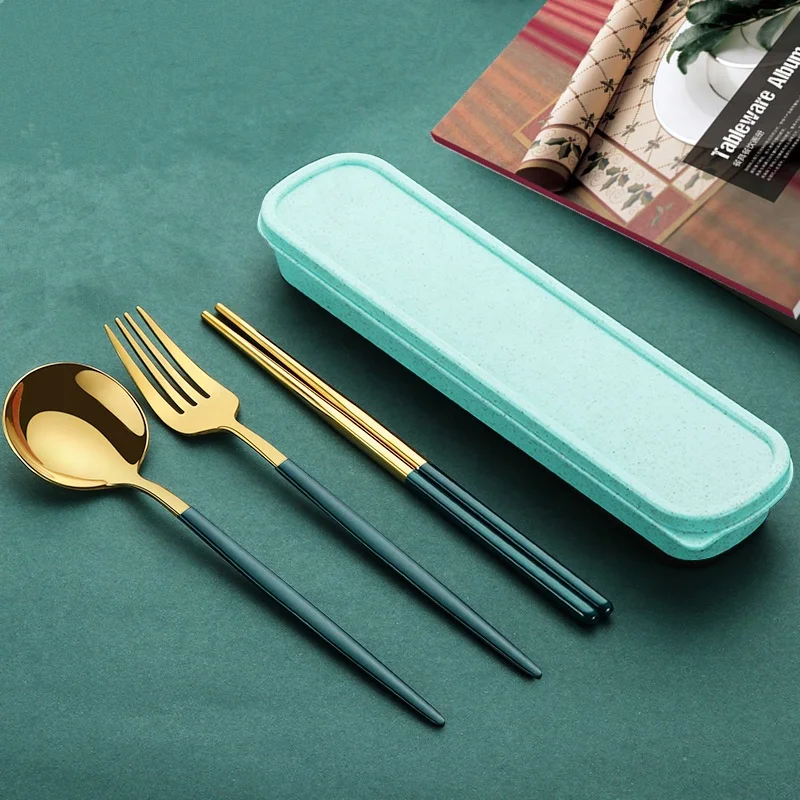 Reusable camping Cutlery Stainless Steel Metal Straw spoon fork chopsticks Portable Travel Cutlery Set with Case
