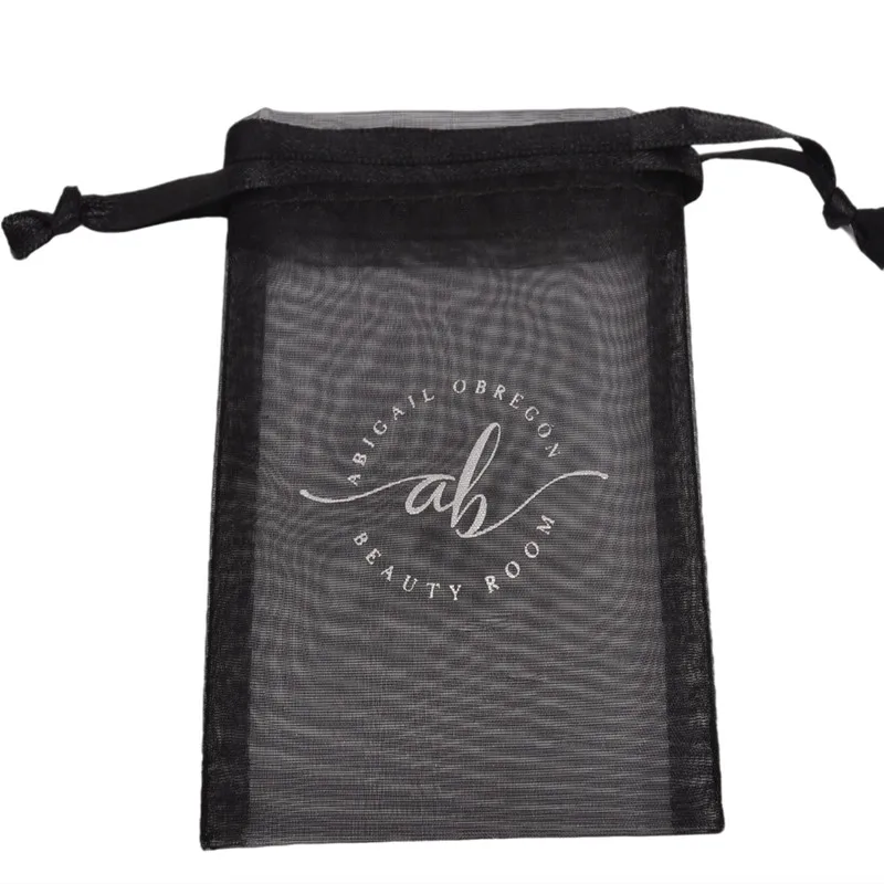 Customized Promotional Custom Logo Small Cosmetic Gift Jewelry Organza Black Mesh Drawstring Pouch Bag With printing
