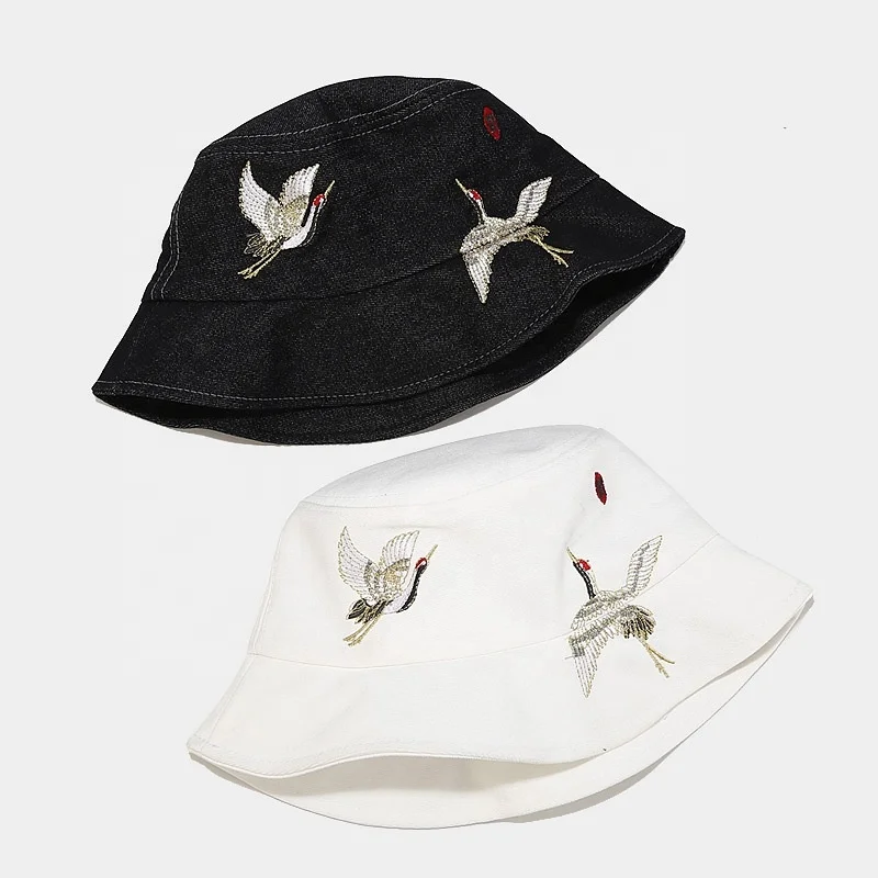 New Fashion Chinese Style Red-crowned Crane Embroidery Denim Sunscreen Bucket Hats And Caps for Men and Women