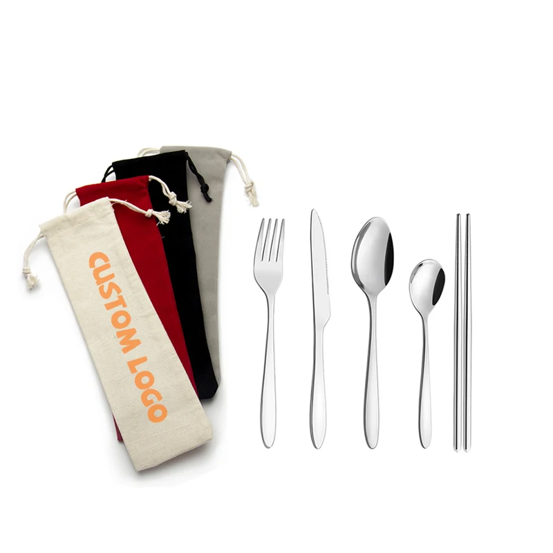 Custom Logo Knife Spoon Fork Chopsticks Straw Portable Camping Travel Stainless Steel Cutlery Set With Case Gift for Employees