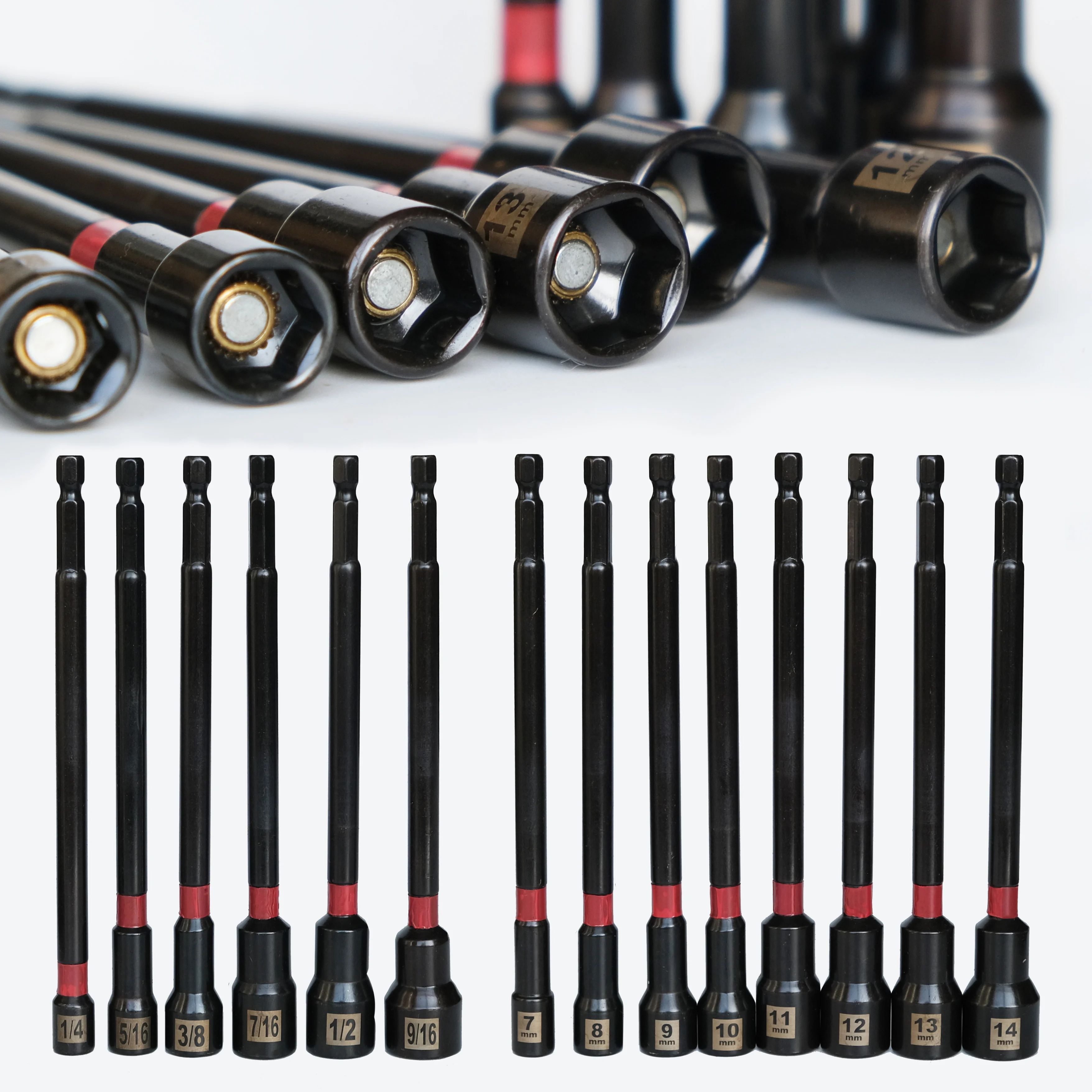 14 Pcs Power Nut Driver Set Impact Grade Magnetic Nut Setters 1/4Inch Hex Shank 150MM