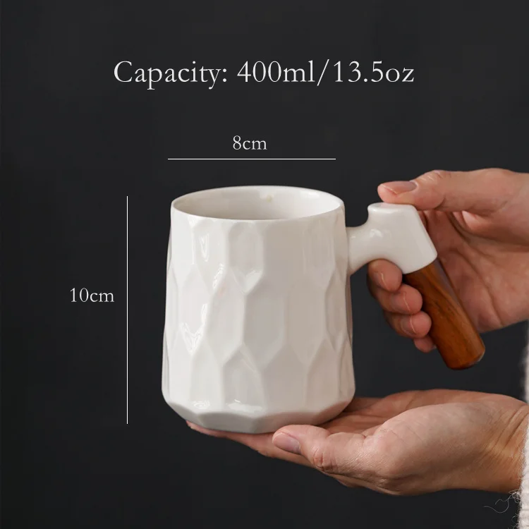 2023 New Large Unique Luxury Ceramic White Porcelain Water Coffee Mug with Wooden Handle