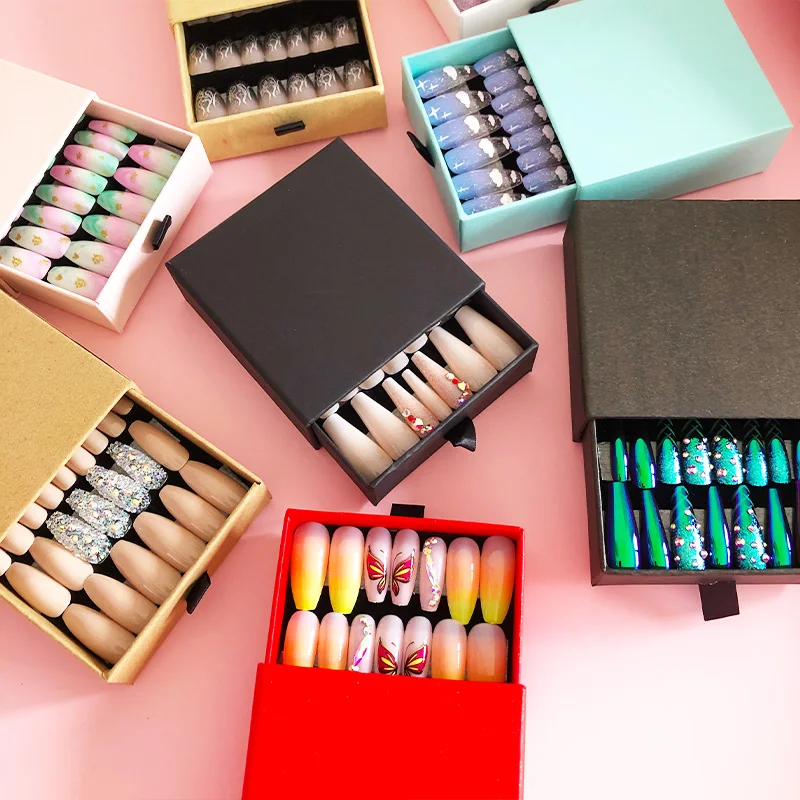 Искусственные накладные палец длинные ногти пресс для ногтей, для нанесения с помощью клея упаковка по индивидуальному заказу накладные ногти