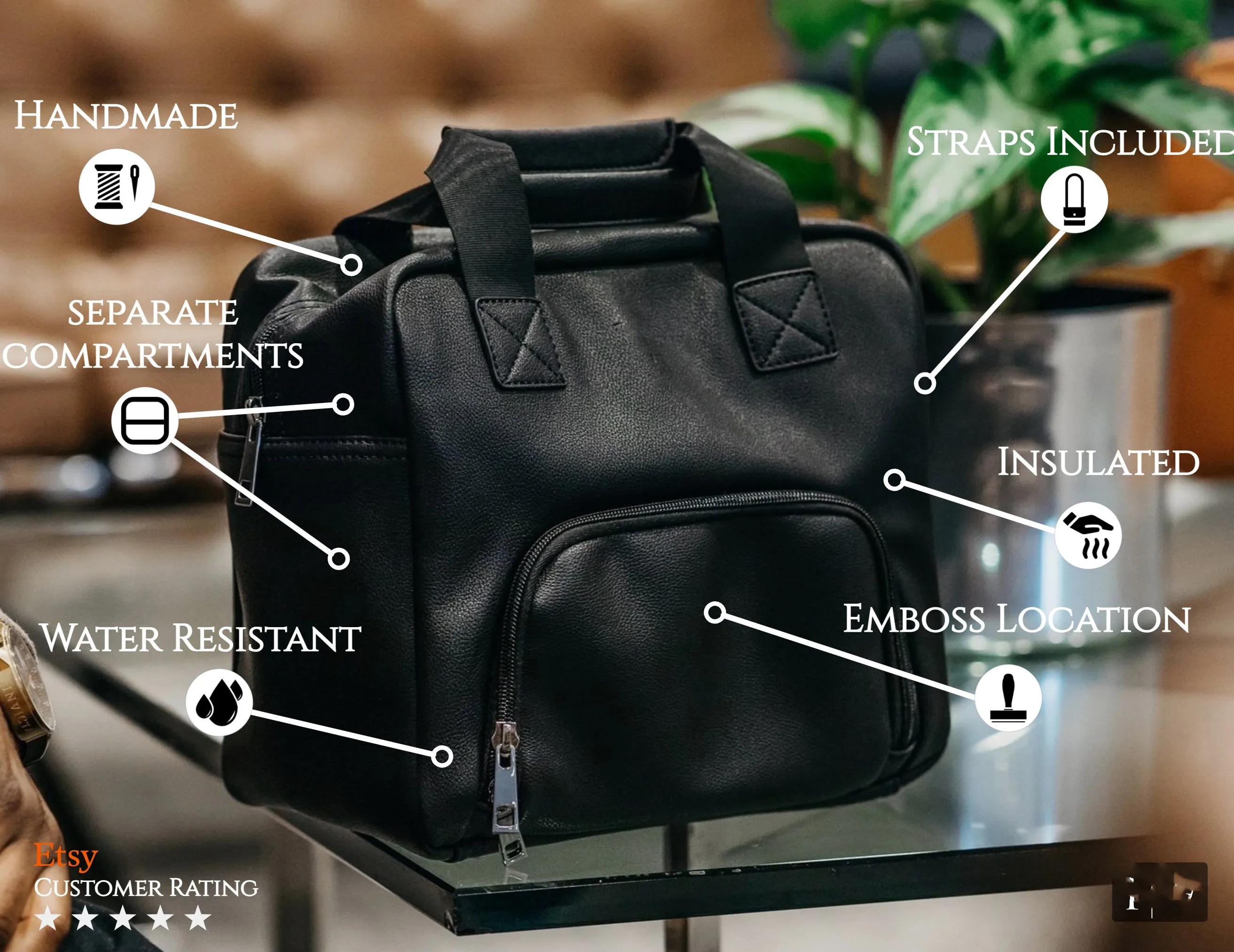 Black Lunch Box Bag For Men & Women Portable Leather Small Lunch Cooler Bag Handheld Insulated Lunch Bag