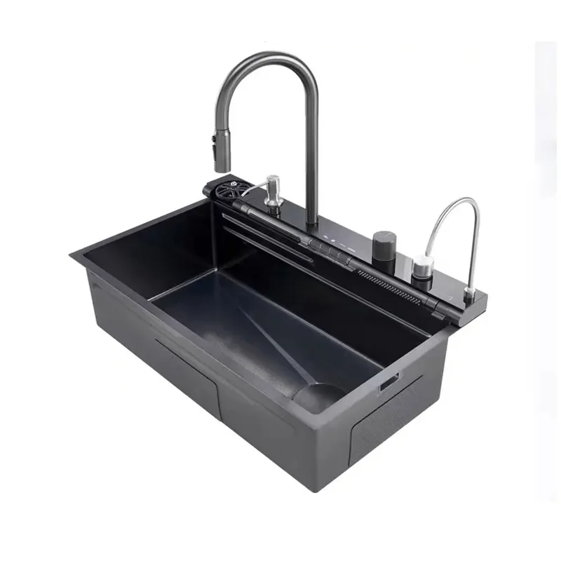 Multifunctional Nano 304 Single Bowl Stainless Steel Handmade Undermount Double Waterfall Faucet With LED Display Farmhouse Sink