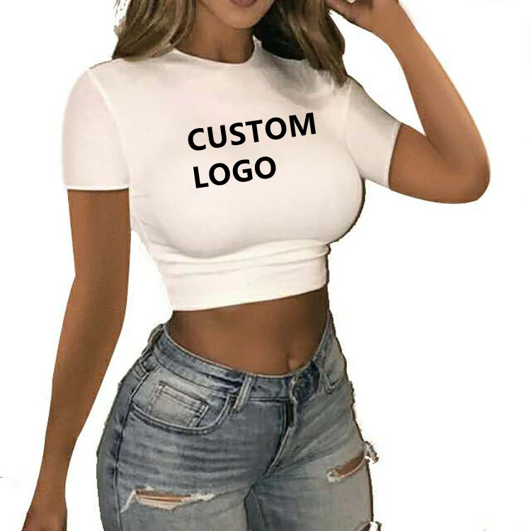 Wholesale Custom Logo Print Plain Summer Women Slim Fit Polyester T-Shirt Crop Top Basic Short Sleeve Women Top Shirts