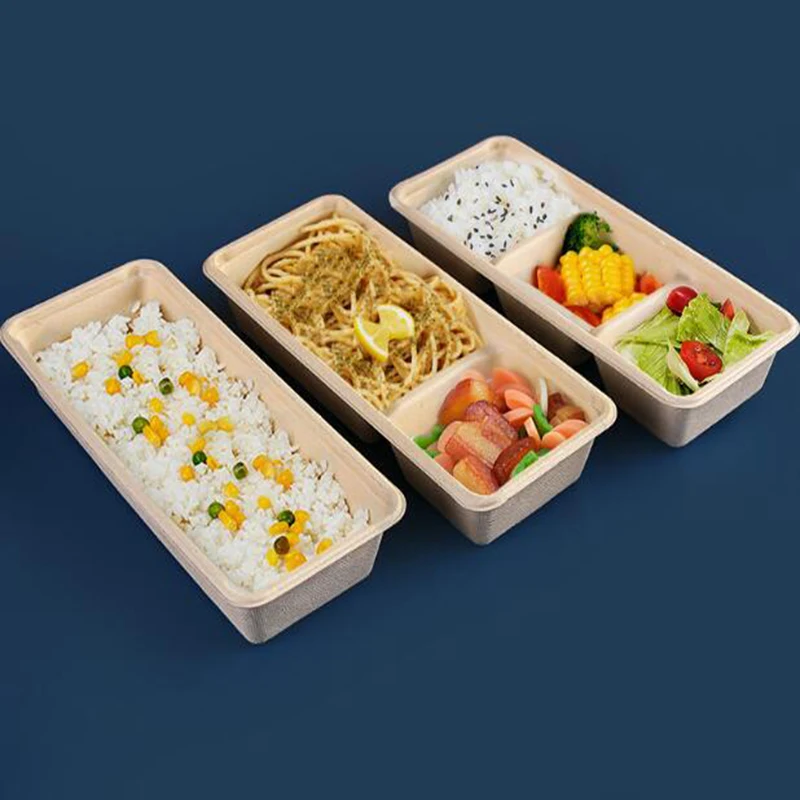 Biodegradable disposable 3 compartment rectangle take out food container box packaging