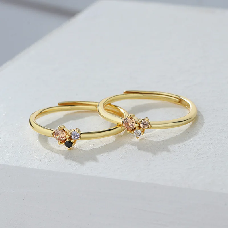 INS Delicate Heart Shape Color Zircon Finger Ring Real Gold Plated 925 Sterling Silver Adjustable for Girls