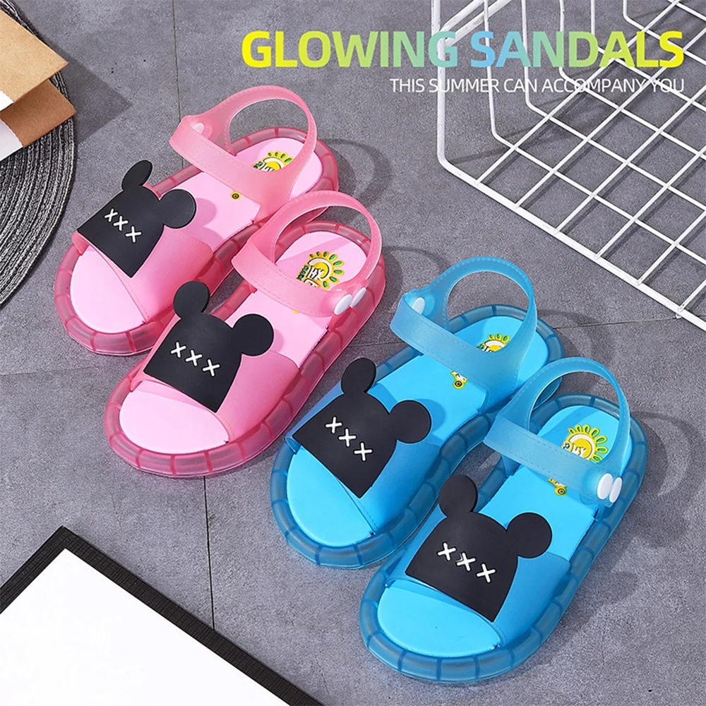 Baby Fashion PVC Flat Kids Glowing Shoes Boys and Girls Ankle-wrap Button LED Lights Children Sandals