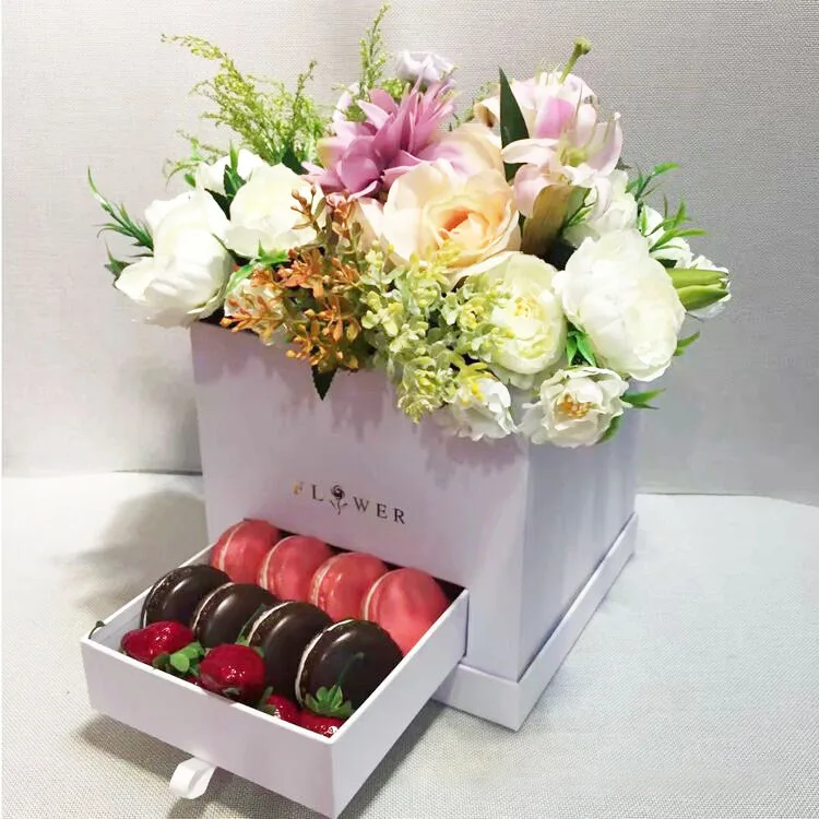 Little single piece pink two layers square flower gift box with drawer with stock