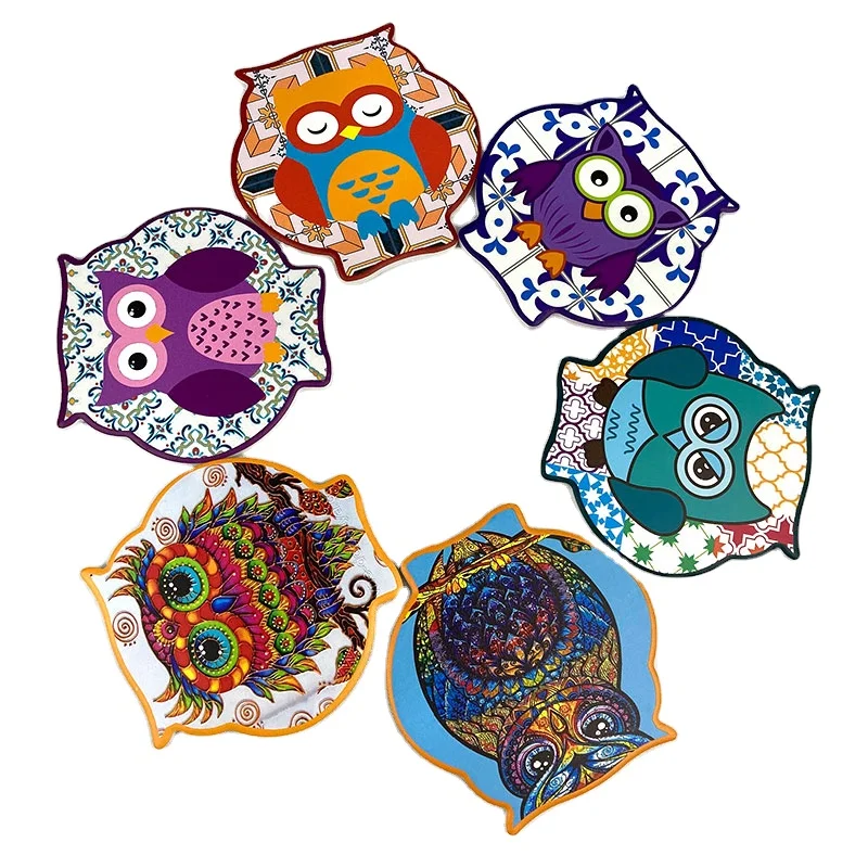 Custom shape owl designs blank UV printing ceramic coasters absorbent for drinks with cork back
