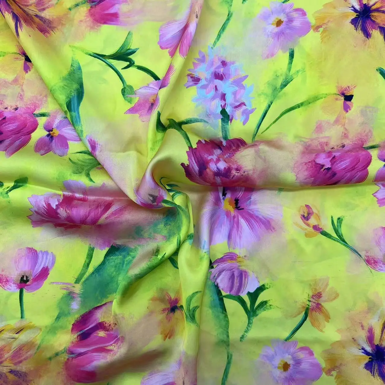 latest fashion design bright-coloured yellow floral non-stretch silk effect satin fabrics for garment skirt dress