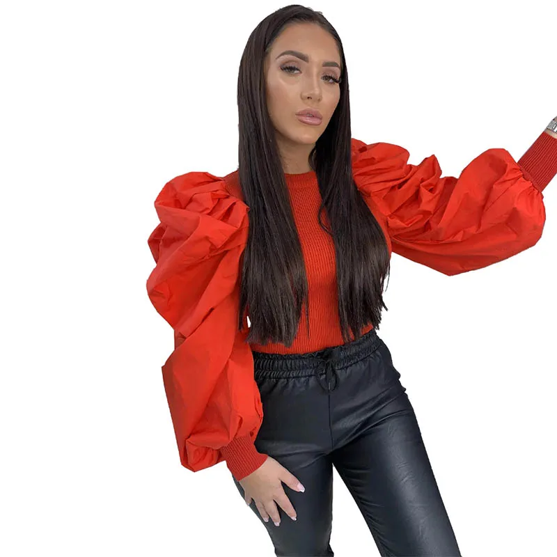 Высококачественный однотонный топ с пышными рукавами