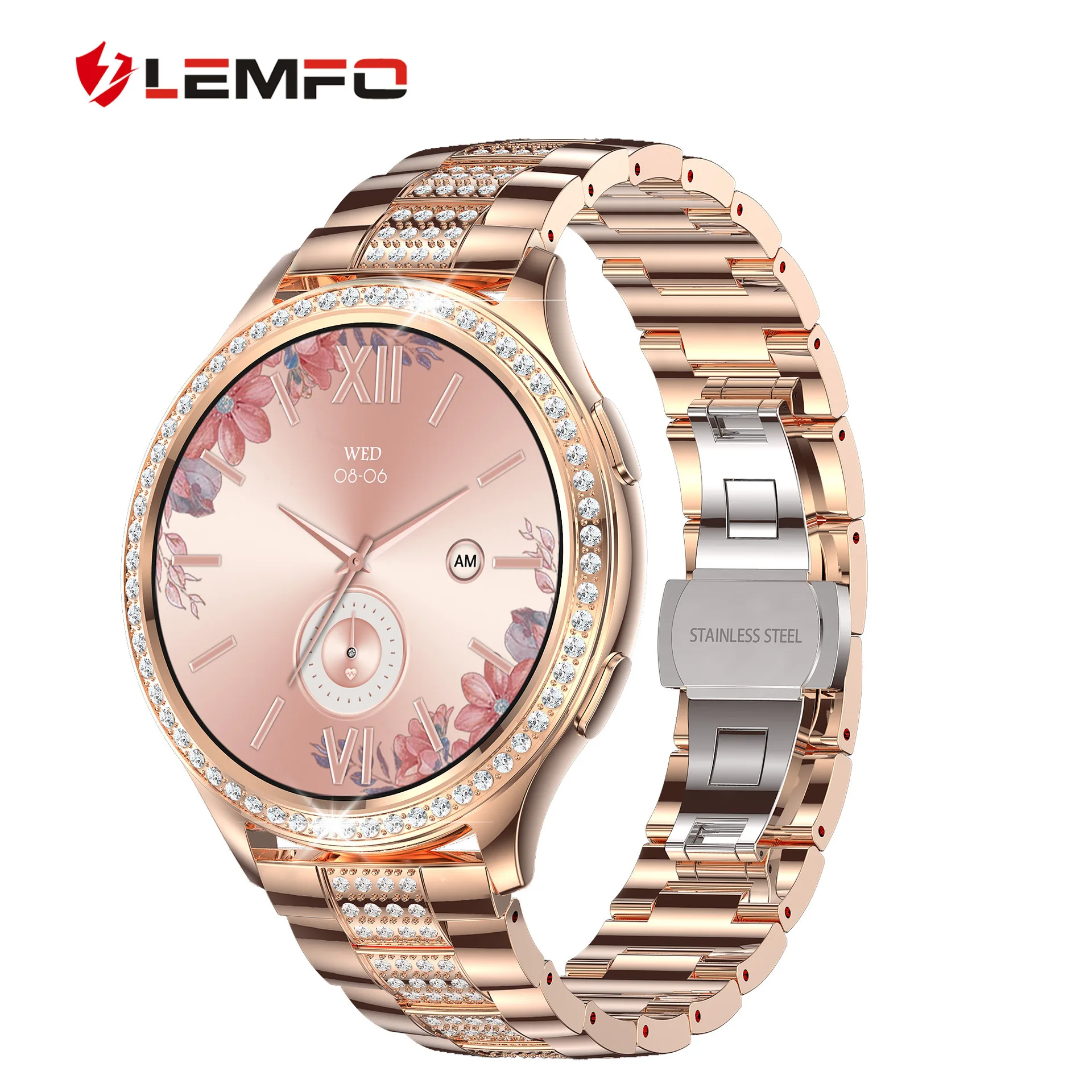 LEMFO AK53 relogio smart watch for woman with diamond on alloy case BT calling waterproof sleep monitoring fitness smartwatch