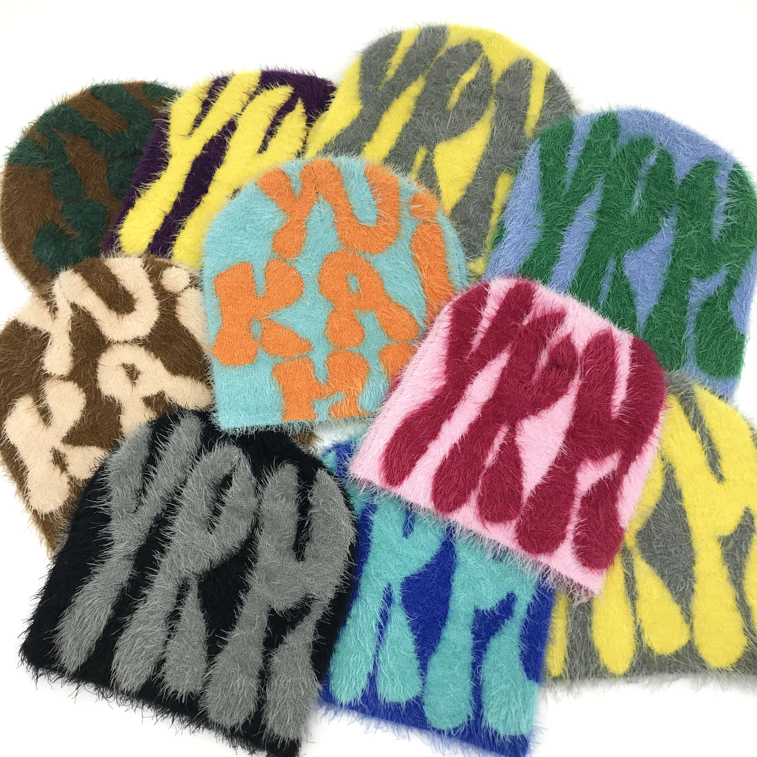 Custom Logo Jaquards Y2K All Over Print Logo Beanies Acrylic High Quality Knit Premium Jacquard Mohair Beanie Hat
