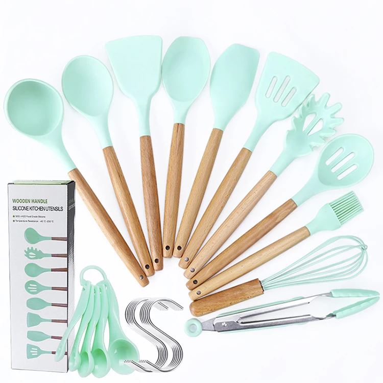 Silicone Kitchen Cooking Utensils Set Teal with Holder Non Scratch Turner Tongs Spatula Wooden Handles Gadgets