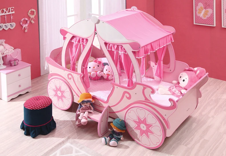 Factory Customize New Design Pink Princess Bed Solid Wood Kid Bedroom Furniture Set Kids Castle Bed