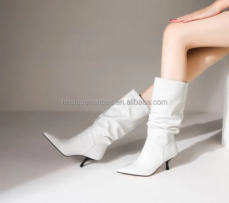 Hoslasen shoe factory white crocodile leather elastic half boots unique heel for shoes 2022 new arrivals