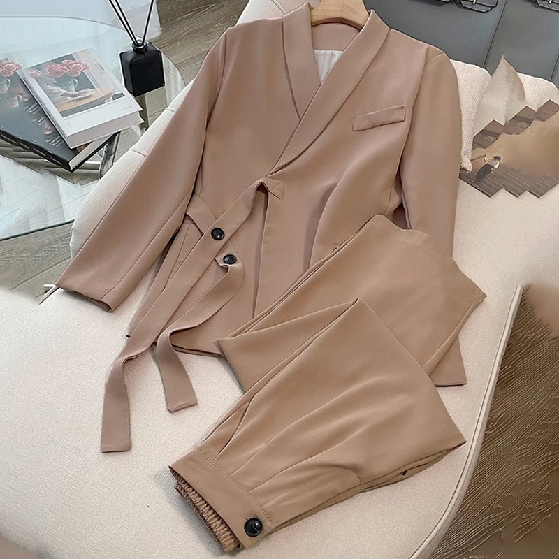 2024 Women Suit Coat + Long Pants Suits 2 Piece Set Solid Color Jacket Blazer Pants Spring Autumn Lady Office Casual Suits