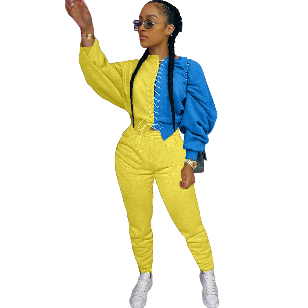 
Casual 2 Pcs Outfit Patchwork Sashes Long Sleeve Sweatshirt Pants Autumn Winter Women Two Piece Set 