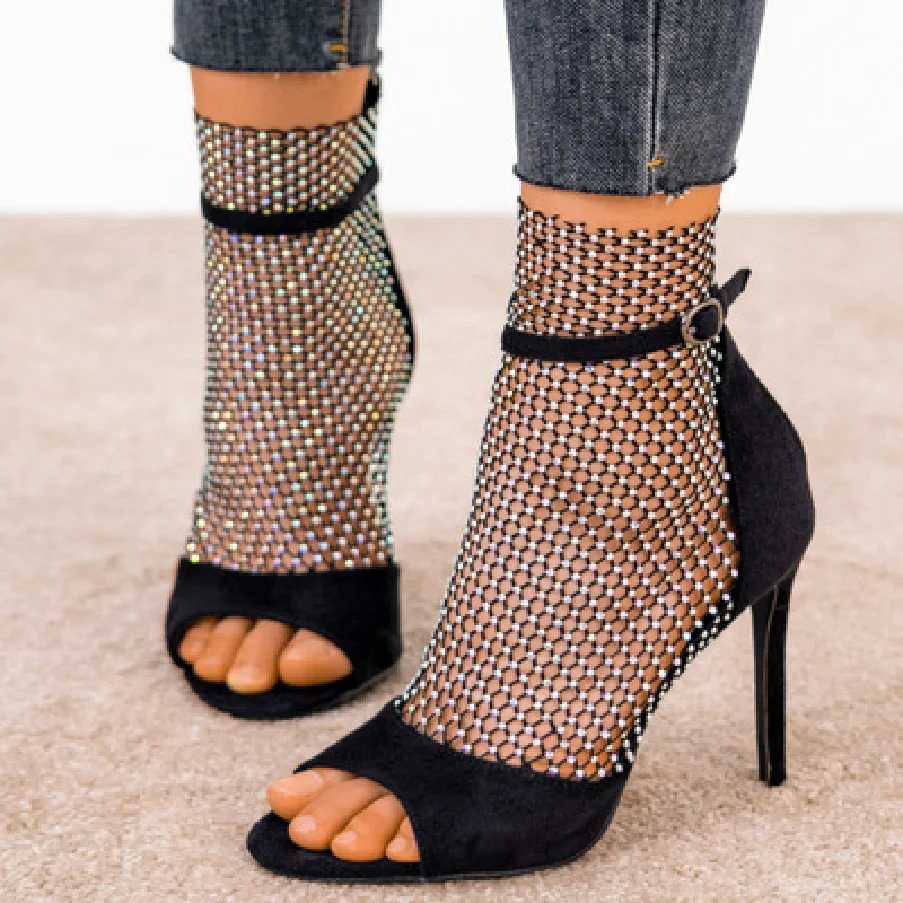 Hot Fashion New Thin Heel Rubber Bottom Back ZipperpuWomen S Mesh Rhinestone High Heel Sandals