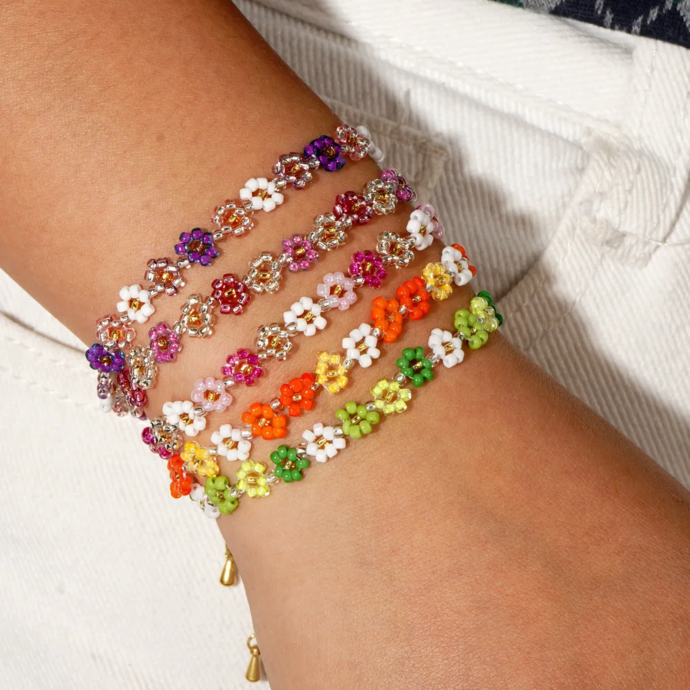 Bohemian Dainty Jewellery Gift Aesthetic Crystal Glass Seed Bead Colorful Floral Bracelet Daisy Flower Bracelet