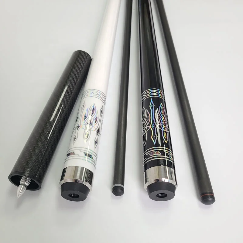 Xmlivet black/white full carbon Pool Billiard cues with extensions decal design with radial/uni-loc joint for 9 balls cue sticks