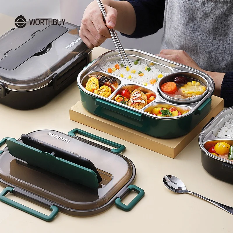 WORTHBUY Portable Cute Japanese Thermal Lunch Box Leakproof For Food Stainless Steel Bento Box Kids School Picnic Food Container