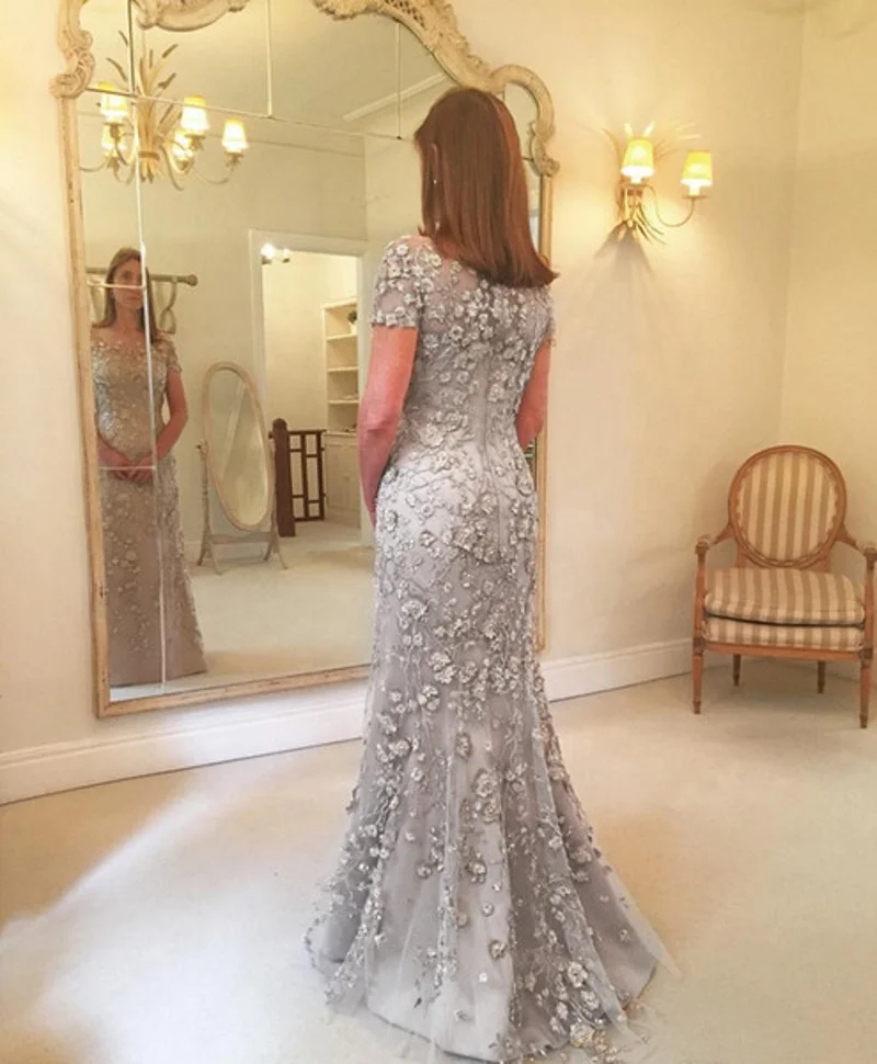 6703#O-Neck Gray Color Beading Lace Mermaid Sequined Beading Lace Chinese Wedding Dress Mother of The Bride Evening Dresses