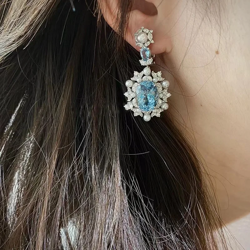 S925 Silver Earrings Pear Cut 8x12mm Sea Blue Zircon Inlaid Water Drop Versatile Boutique Fine Jewelry Earrings