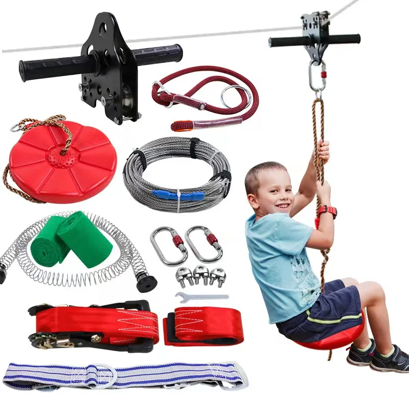 Jiayi Zip-line Комплект для детей с пружинным тормозом из нержавеющей стали и тележкой для сидений с ручкой для заднего двора