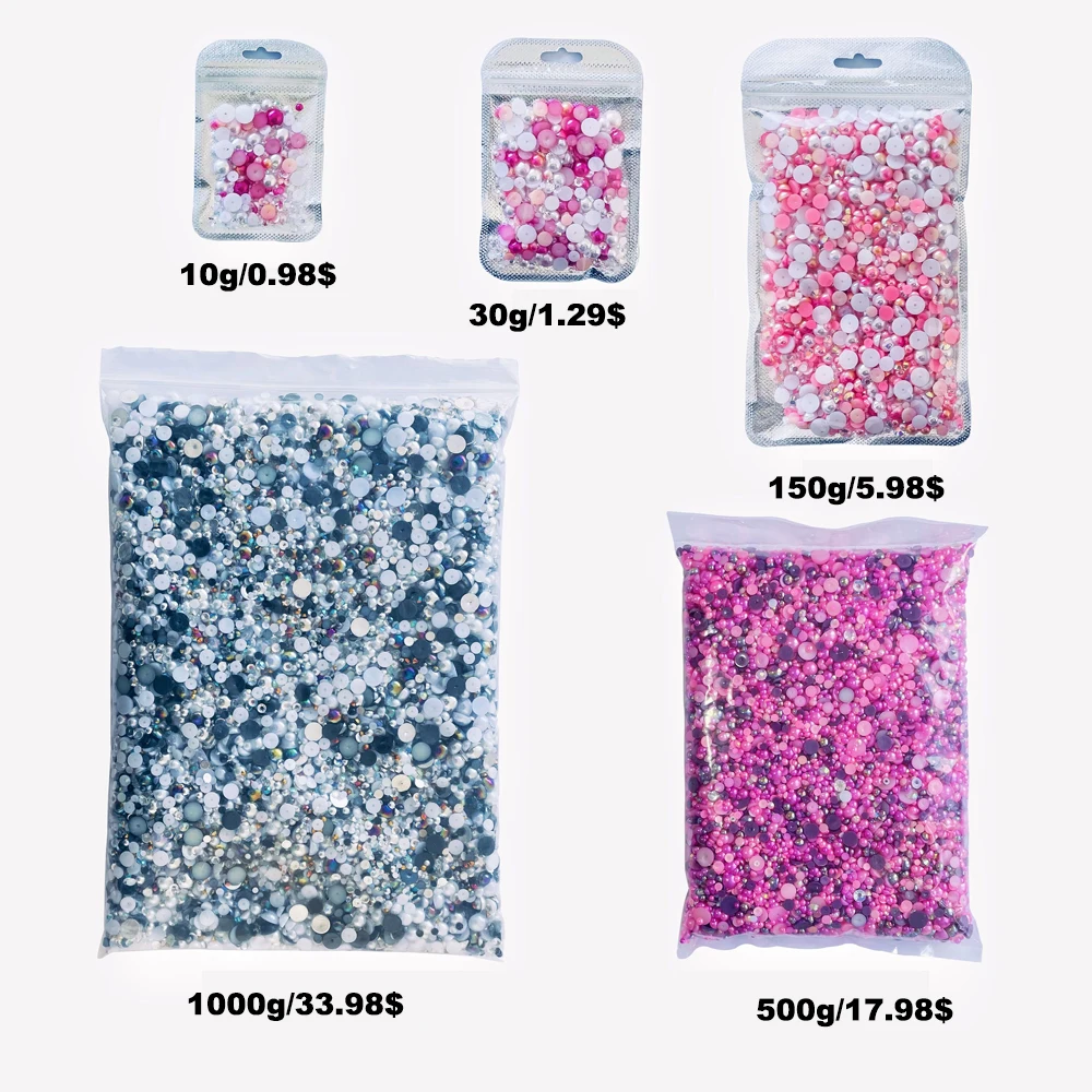 Yantuo Customized OEM 500g/16666pcs 3-10mm Mix Size multi colors mix half round abs pearls flatback Resin Rhinestone DIY Cup