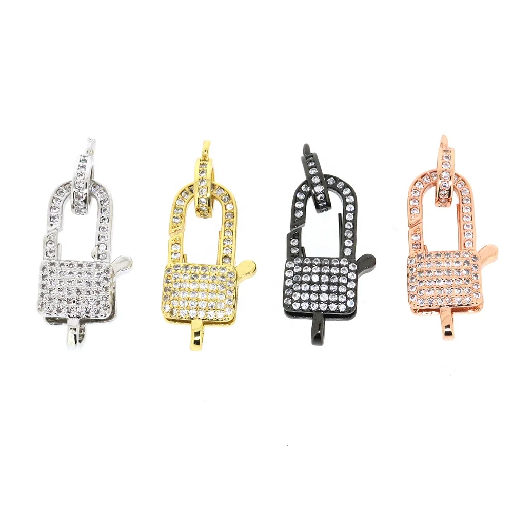 High Quality Gold Plating CZ Micro Pave Lock Shaped Lobster Claw Clasp For Diy Jewelry