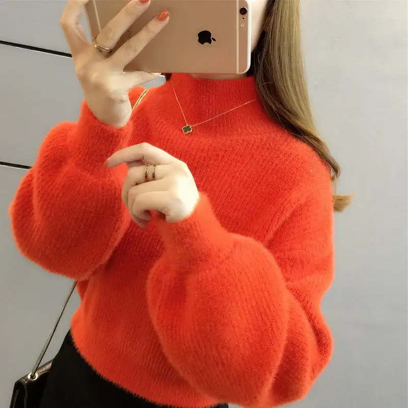 Wholesale New Arrival Fashion women middle high neck batwing sleeve super soft mohair pullover sweater