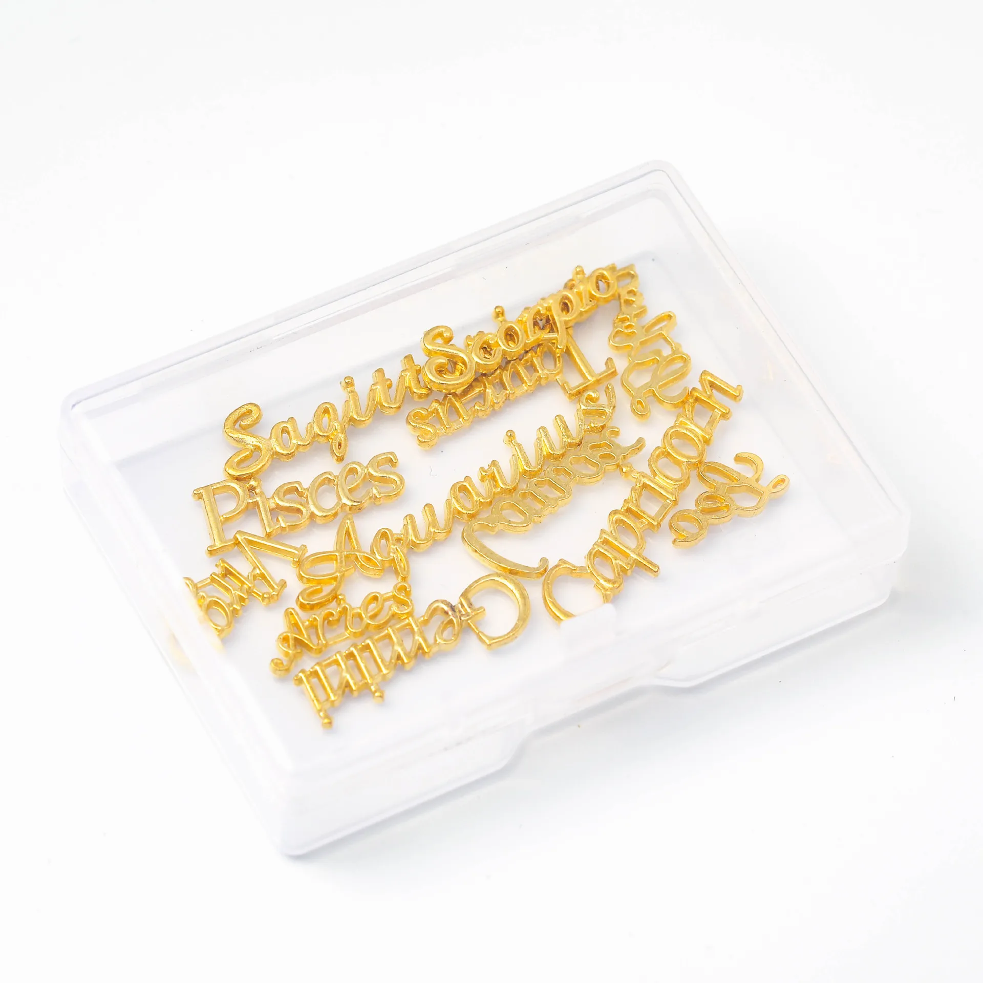 High Quality 12pcs/set English Letter Press On Tips Constellation Symbols Gold Silver Metal Charms Kit For Nails horosecopes