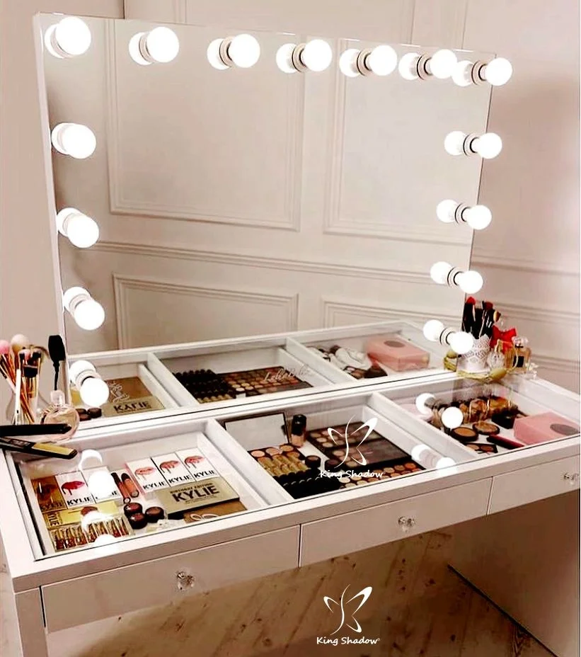 King Shadow White Makeup Mirror Stations Glass Vanity Table With Bulbs