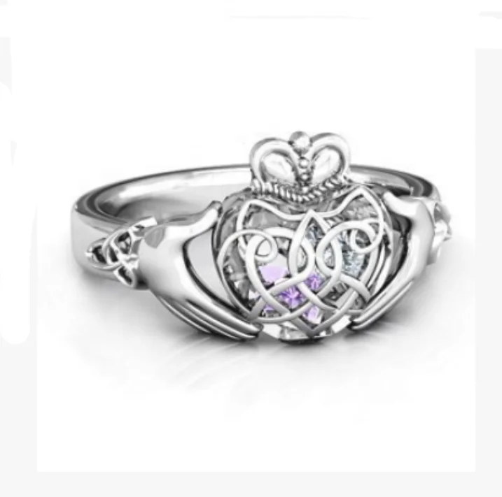 Custom personalized 925 sterling silver two handed pallet reticular heart shaped birthstone stone rings cage for womens